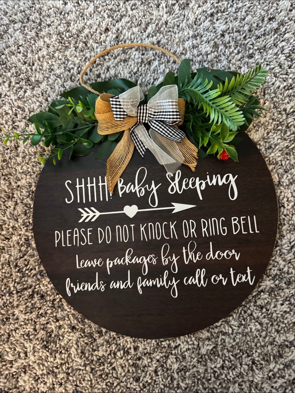 Baby Sleeping Wooden Door Sign - Brown with Greenery and Bow